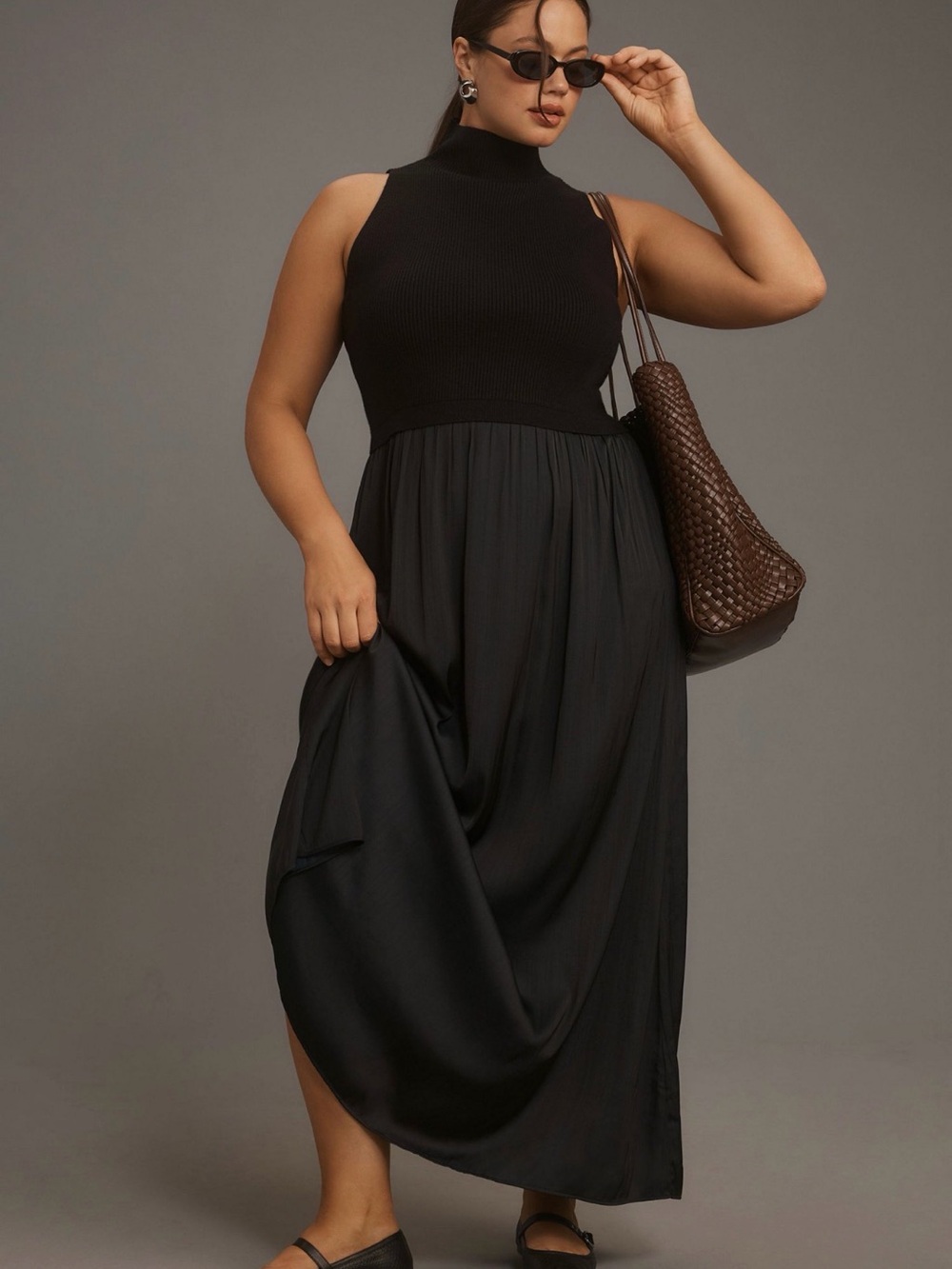 Anthropologie Thea Twofer Sleeveless Black Mock-Neck Maxi Sweater Dress